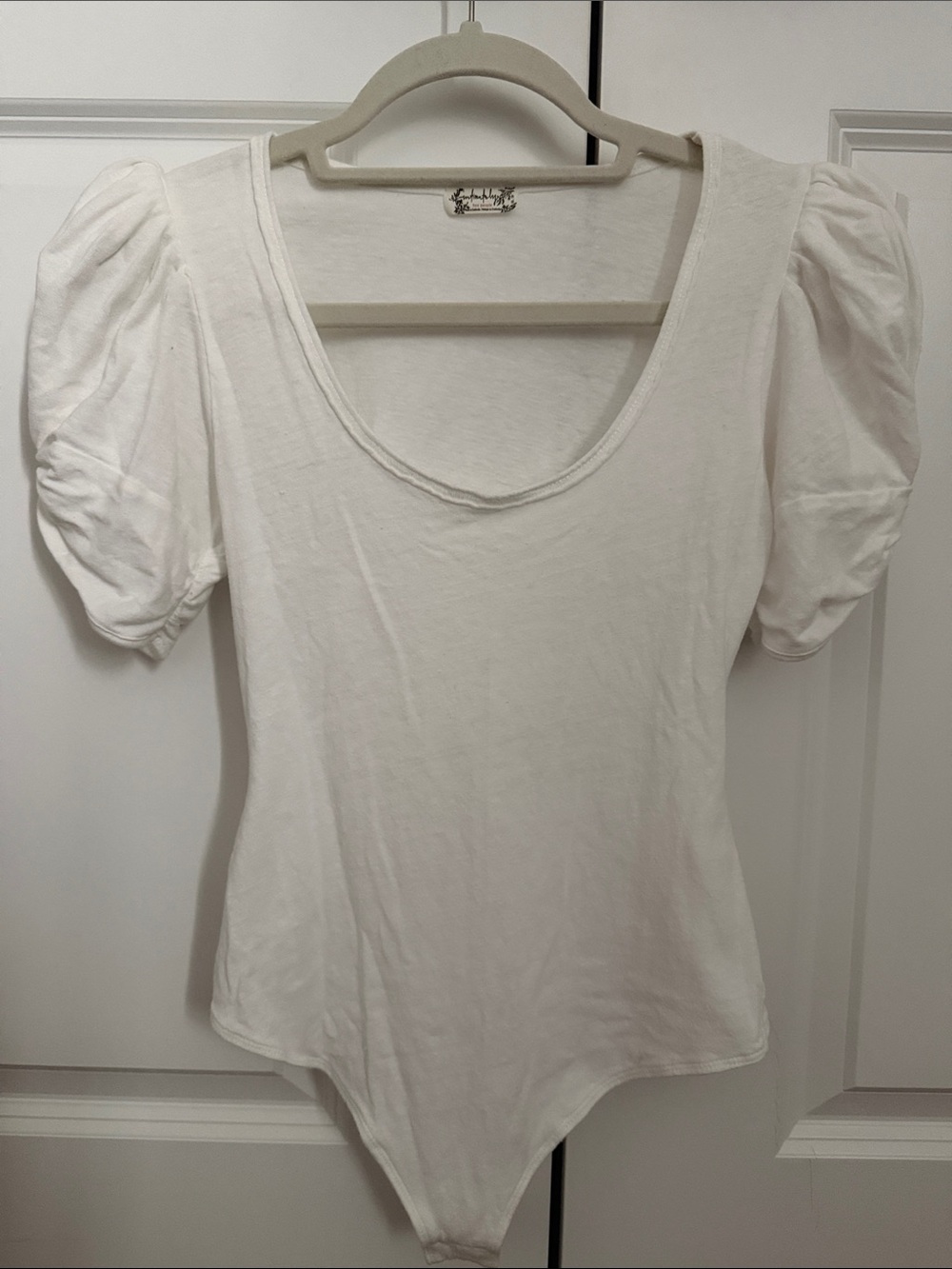 Free People White Puff Sleeve Scoop Neck Bodysuit